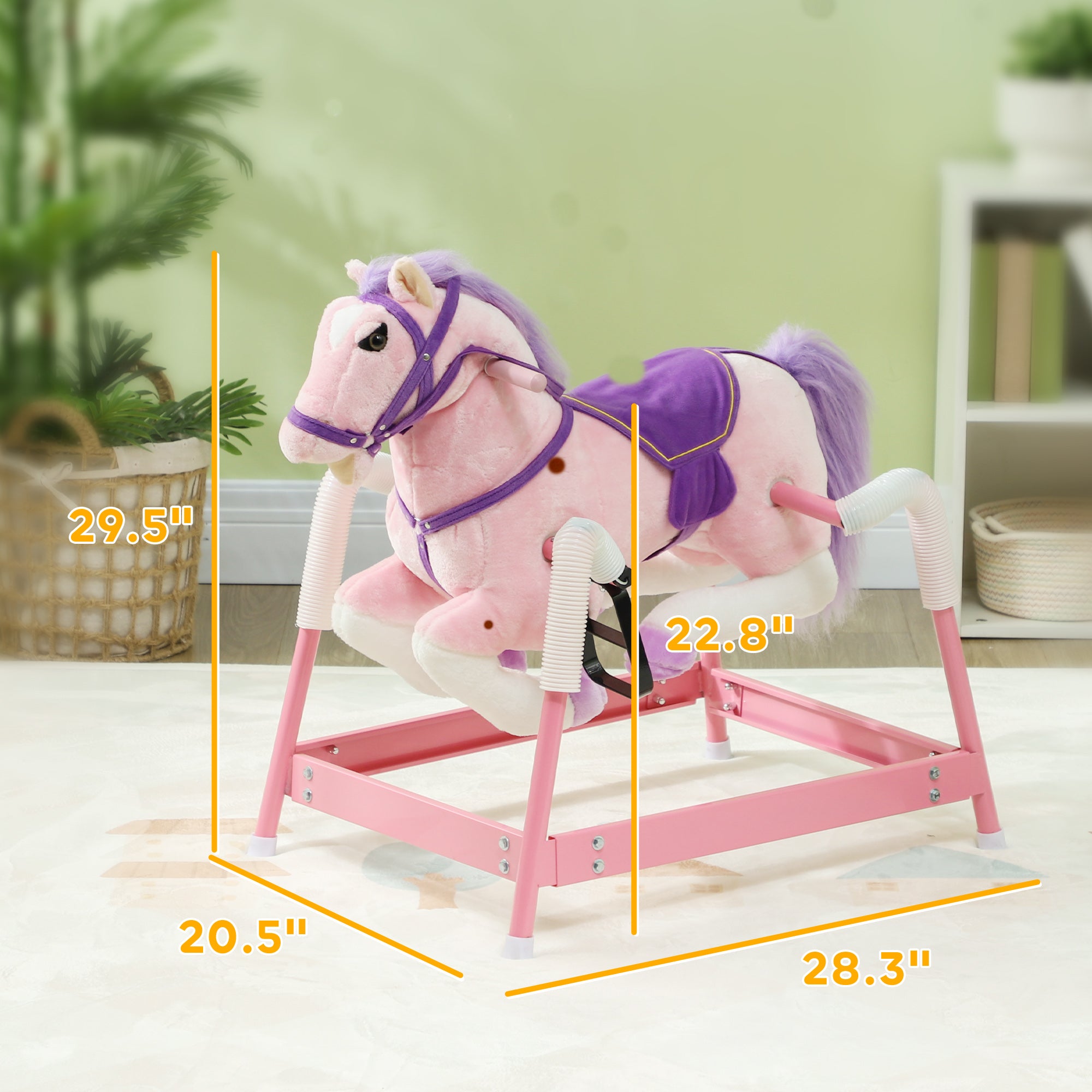Spring Rocking Horse, Kids Ride on Horse, Plush Horse Ride-on w/ Sounds & Foot Stirrups for Kids 3-8 Years, Pink