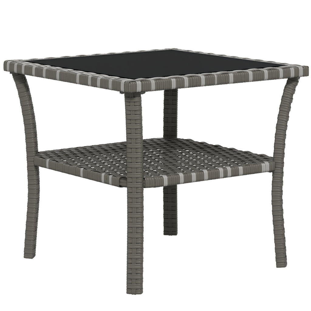 Rattan Side Table, Outdoor End Table with Storage Shelf, Aluminum Frame Square, Coffee Table with Tempered Glass Top, Mixed Gray