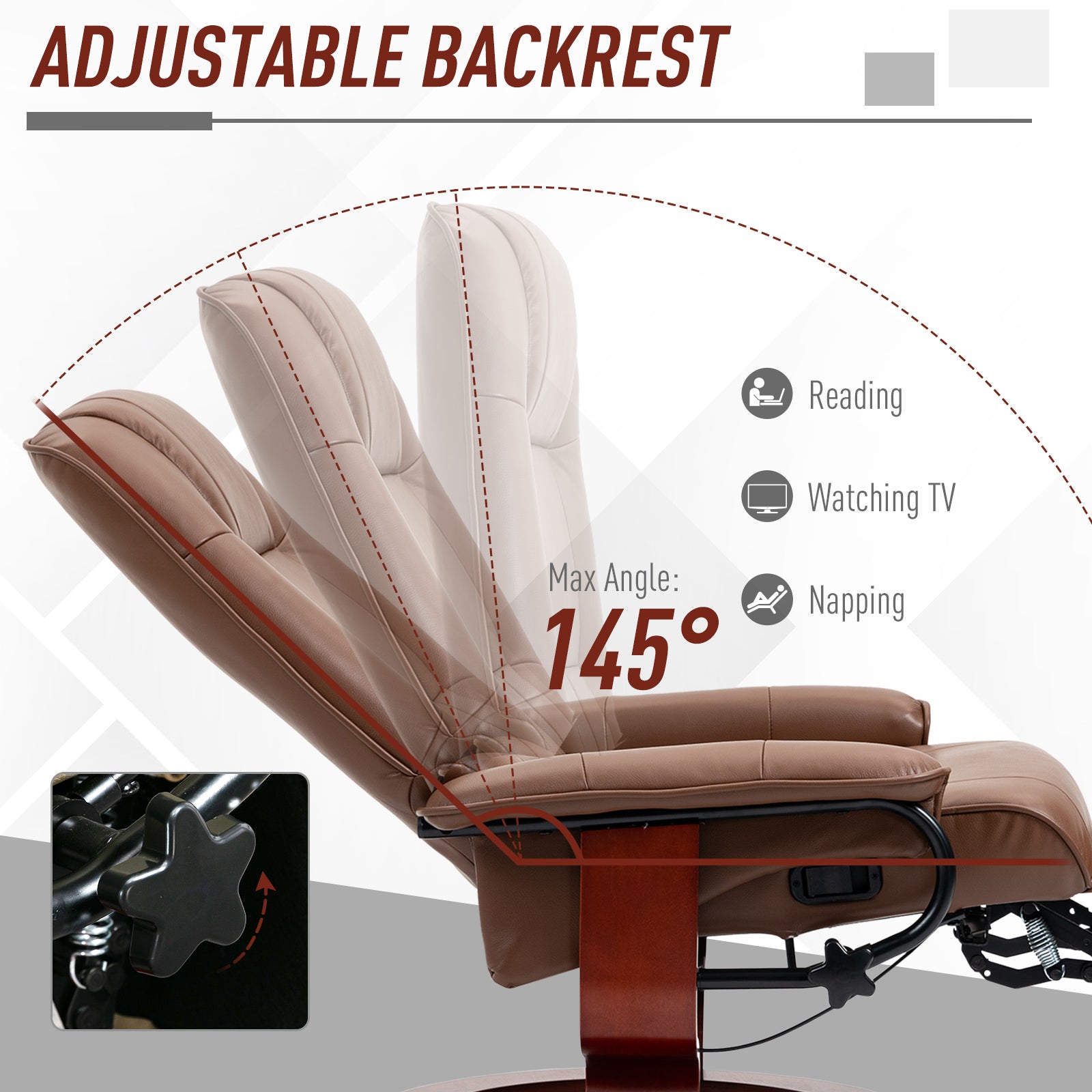 Air Leather Manual Recliner, Adjustable Swivel Lounge Chair with Footrest, Armrest and Wrapped Wood Base, Brown