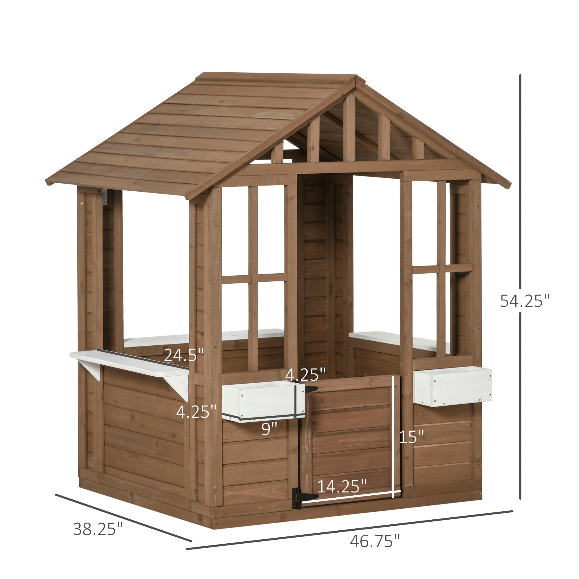 Kids Wooden Playhouse, Outdoor Garden Games Cottage with Flowers Pot Holder, Working Door, Windows, Brown