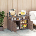 2-Tier Shelf PE Rattan Outdoor Bar Table, Glass Top Outdoor Serving Cart with Cabinet, Mixed Brown