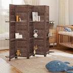 5 Panel 67" Tall Wood Privacy Screen Room Divider with 3 Shelves and Folding Storage for Bedroom, Walnut