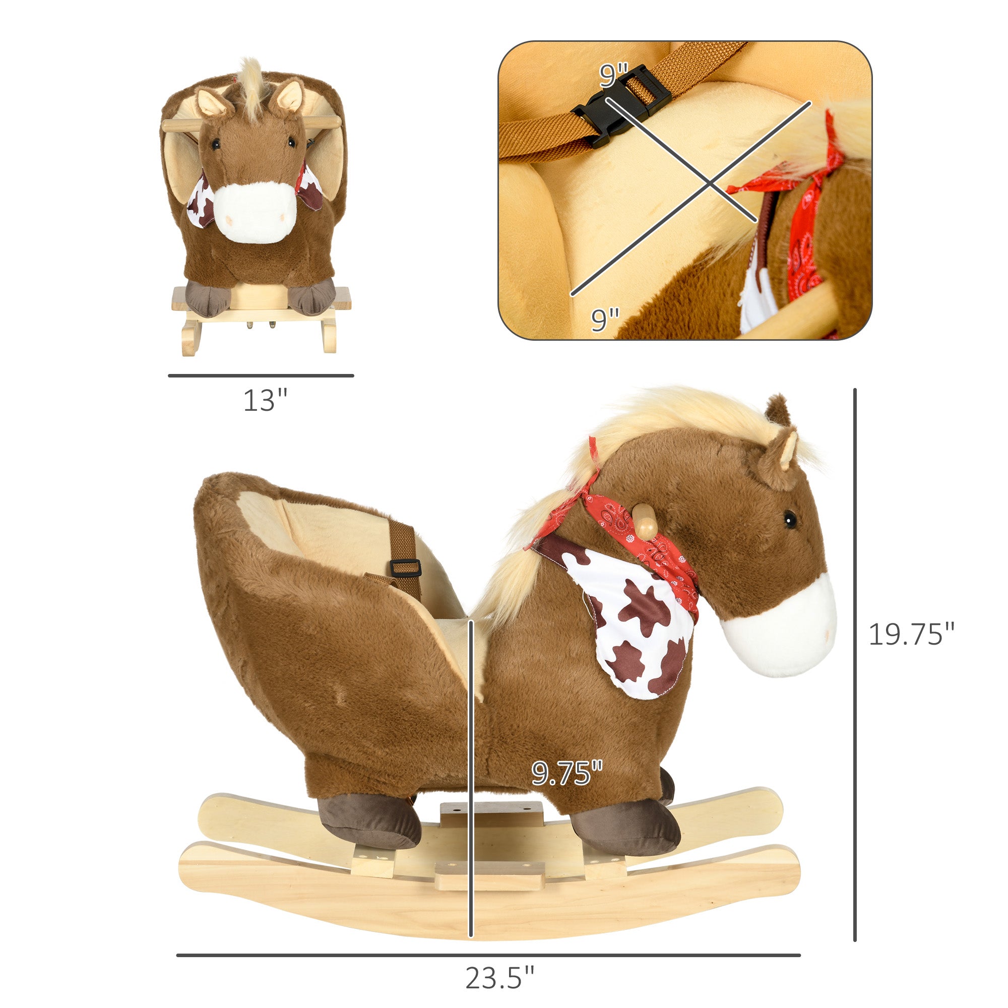 Baby Rocking Horse, Riding Horse, Plush Animal Rocker with Realistic Sound, Pedals for Ages 18-36 Months, Brown
