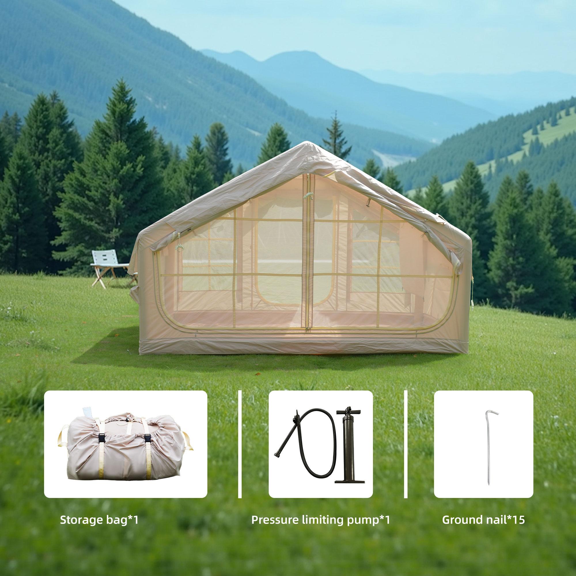 Inflatable 4-Season Camping Tent with Extended Awning, Waterproof Family Tent with Clear Skylight, 118″ L x 82.5″ W x 78.5″ H, Beige