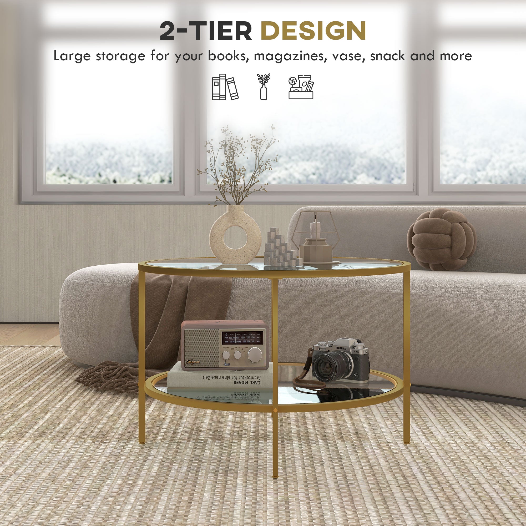 Side Table with Storage, 26" Round End Table, 2-Tier Tempered Glass Coffee Table with Steel Frame for Living Room, Gold
