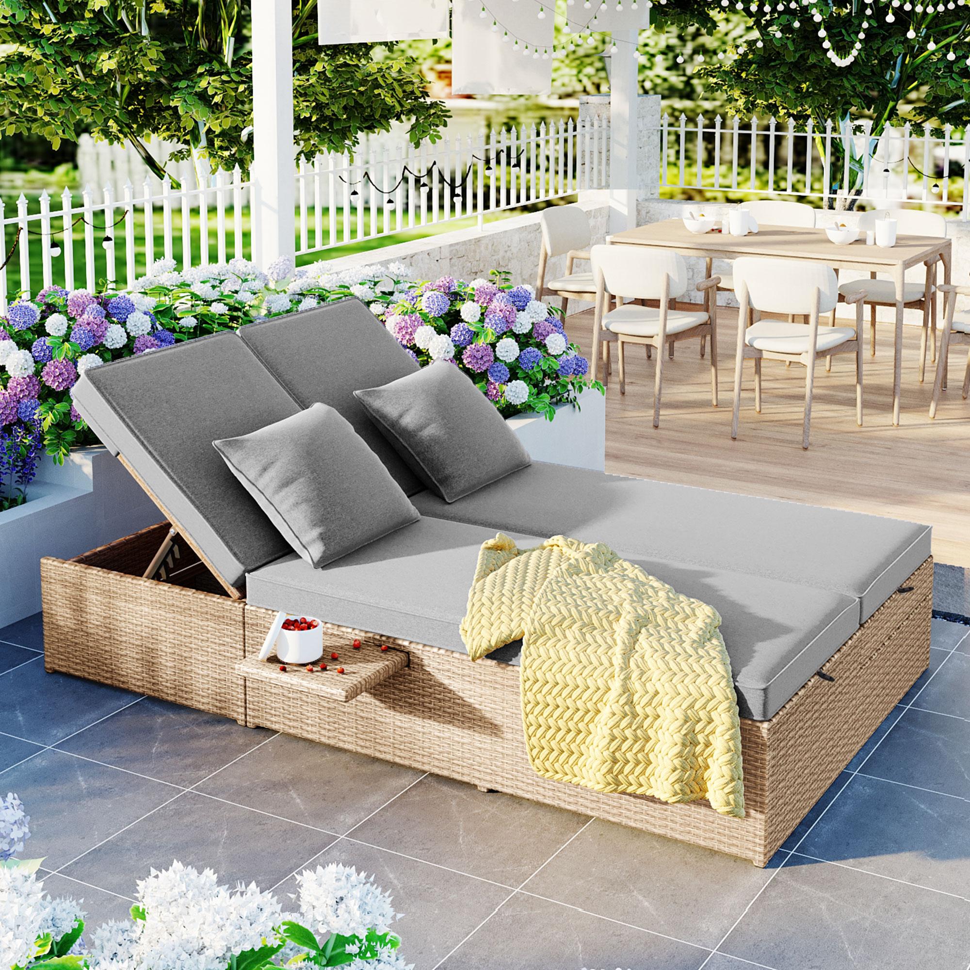 Outdoor Patio Sunbed with Adjustable Backrest & Side Tray, Wicker Rattan Lounger with Thick Cushion, 47" L x 29.5" W x 15" H, Brown