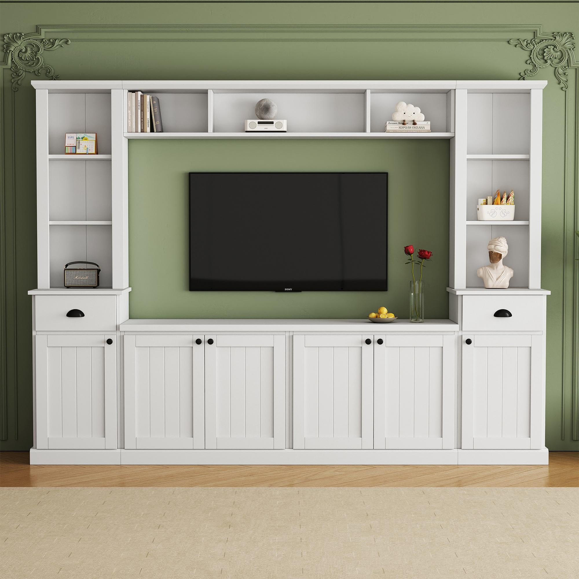 Minimalist Storage TV Stand for TVs Up to 75" with Adjustable Shelves, Entertainment Wall Unit Set for Living Room, 103" L x 15" W x 77" H, White