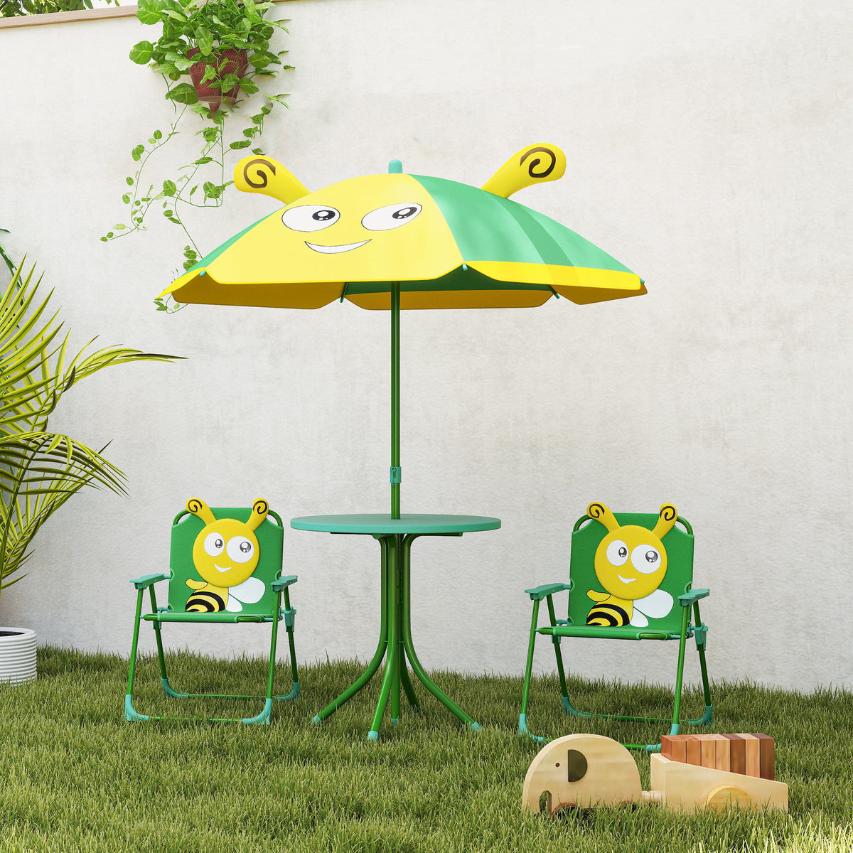 Kids Picnic Table and Chair Set, Outdoor Activity Table with Foldable Chairs, Height Adjustable Umbrella, Green