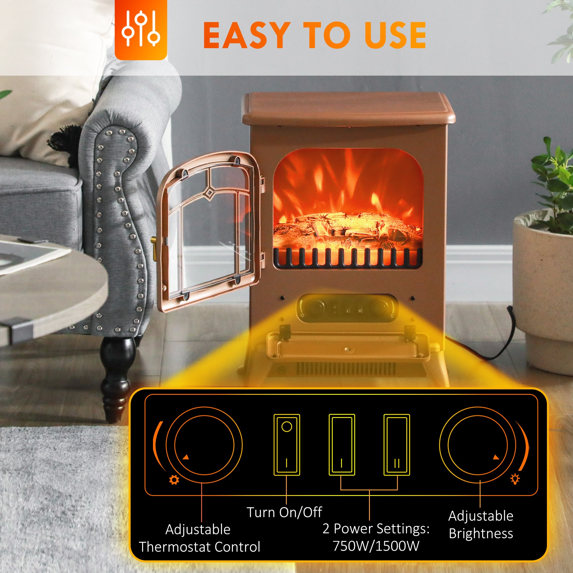 Fireplace Stove, Electric Fireplace Heater with Realistic LED Flames and Logs, 725W/1450W, Dark Brown