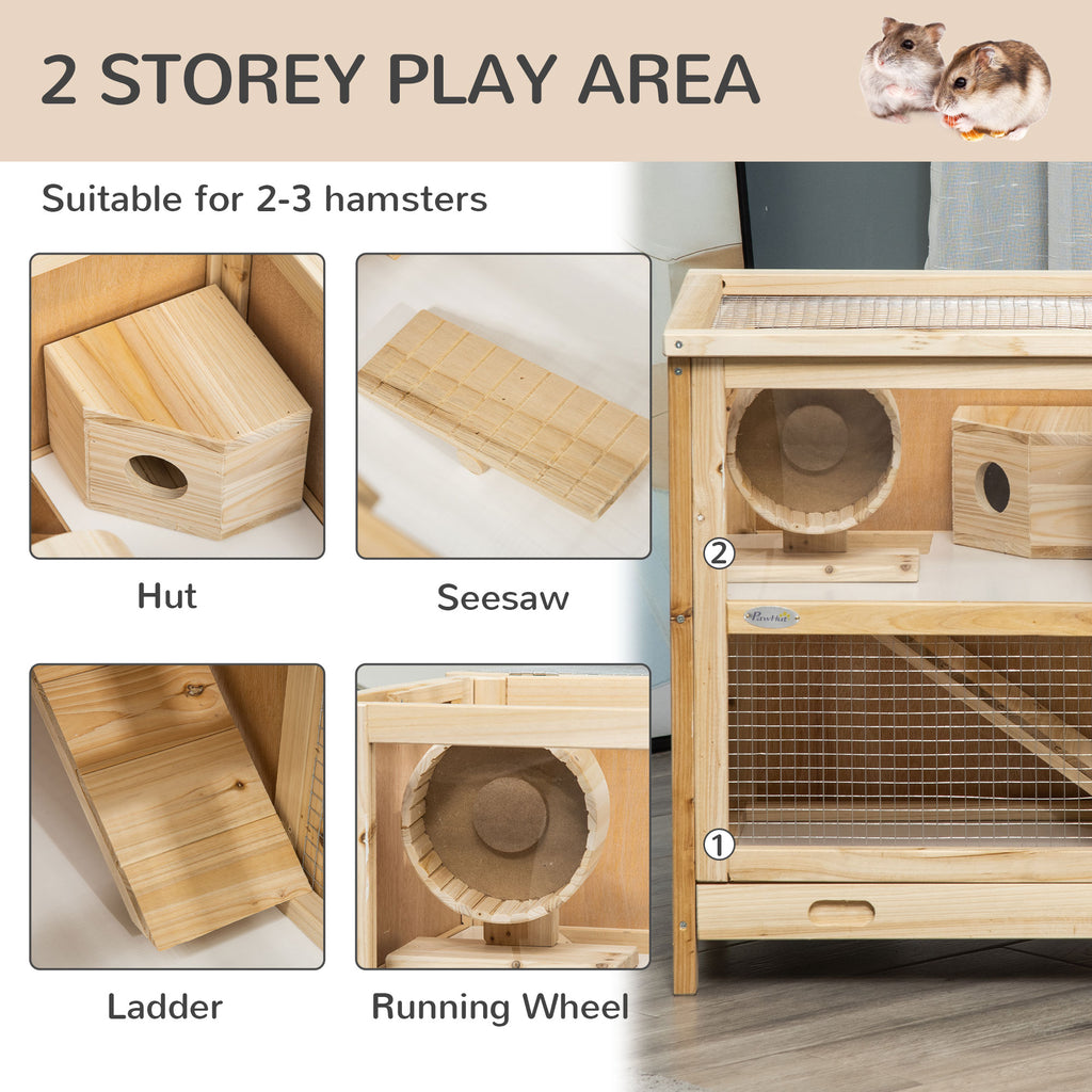 2-Tier Wooden Hamster Cage, Small Animals Hutch, w/ Seesaw, Tray