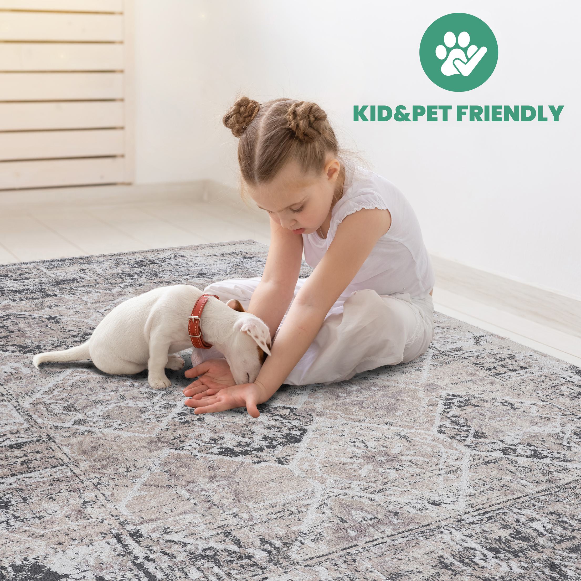 6x9 Stain Resistant Medallion Area Rug with Cotton Backing, Medium Pile Height, Kid and Pet-Friendly Carpet, 93" L x 79" W x 0.3" H, Cream