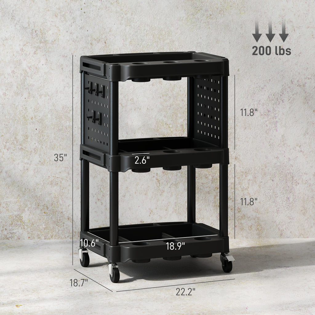 3-Tier Rolling Tool Cart, 200 LBS Capacity Plastic Utility Cart with Side Shelves for Garage, Workshop, Black