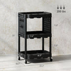 3-Tier Rolling Tool Cart, 200 LBS Capacity Plastic Utility Cart with Side Shelves for Garage, Workshop, Black
