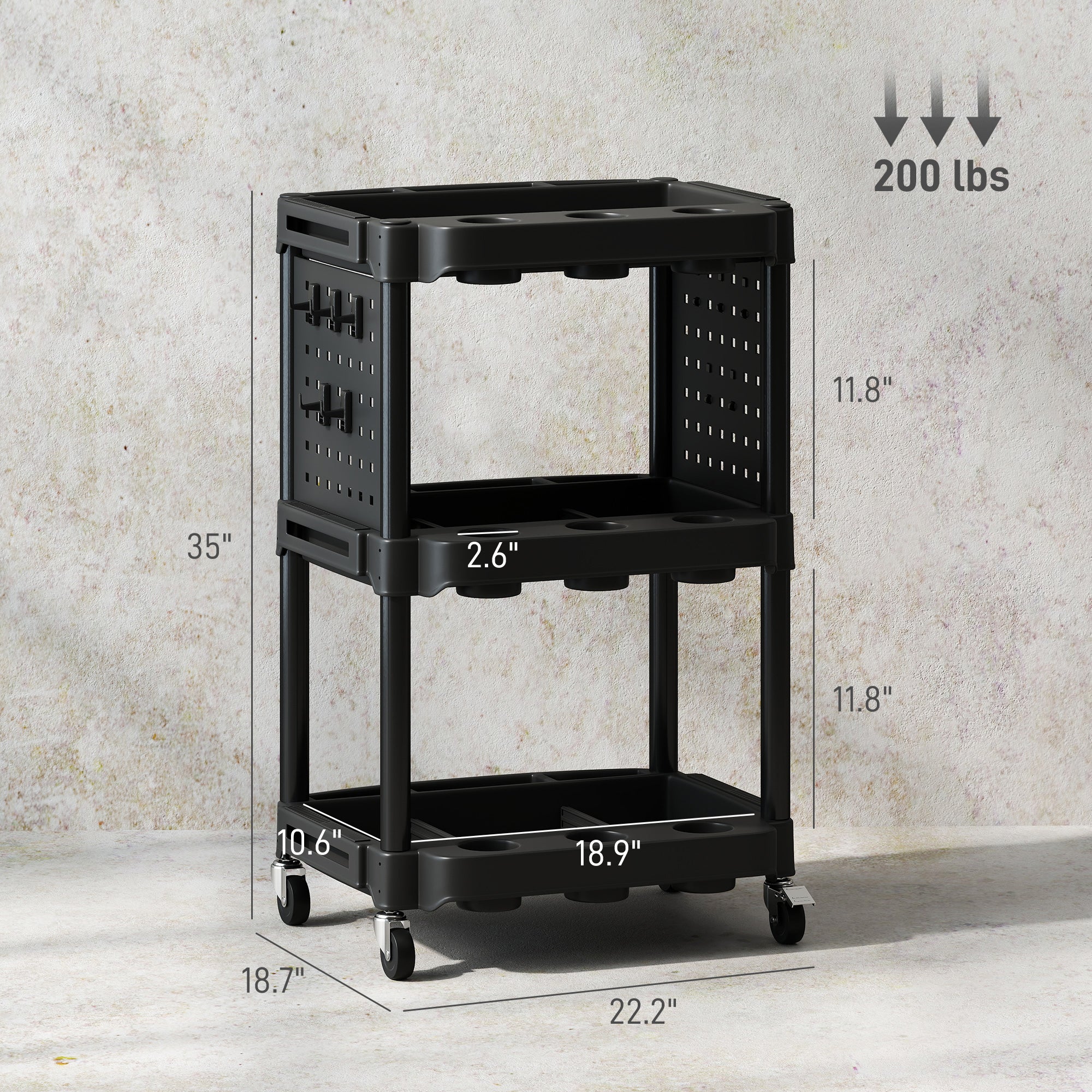 3-Tier Rolling Tool Cart, 200 LBS Capacity Plastic Utility Cart with Side Shelves for Garage, Workshop, Black