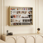 5-Tier Display Cabinet, Wall-Mounted Display Case with 2 Glass Doors and Adjustable Shelves, Oak and White