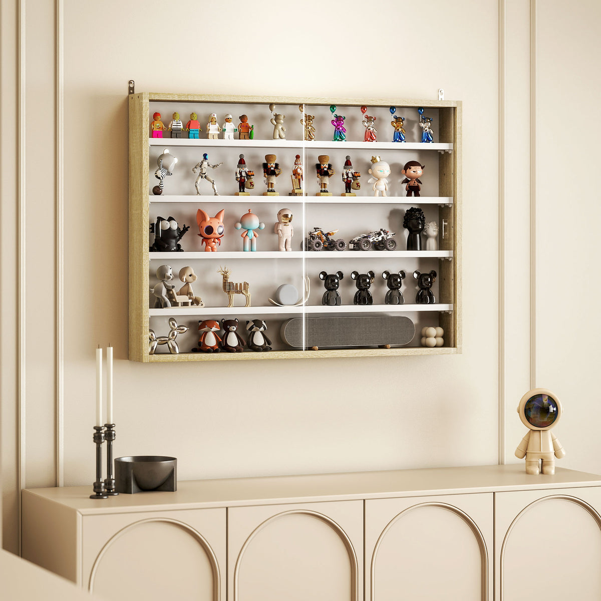 5-Tier Display Cabinet, Wall-Mounted Display Case with 2 Glass Doors and Adjustable Shelves, Oak and White