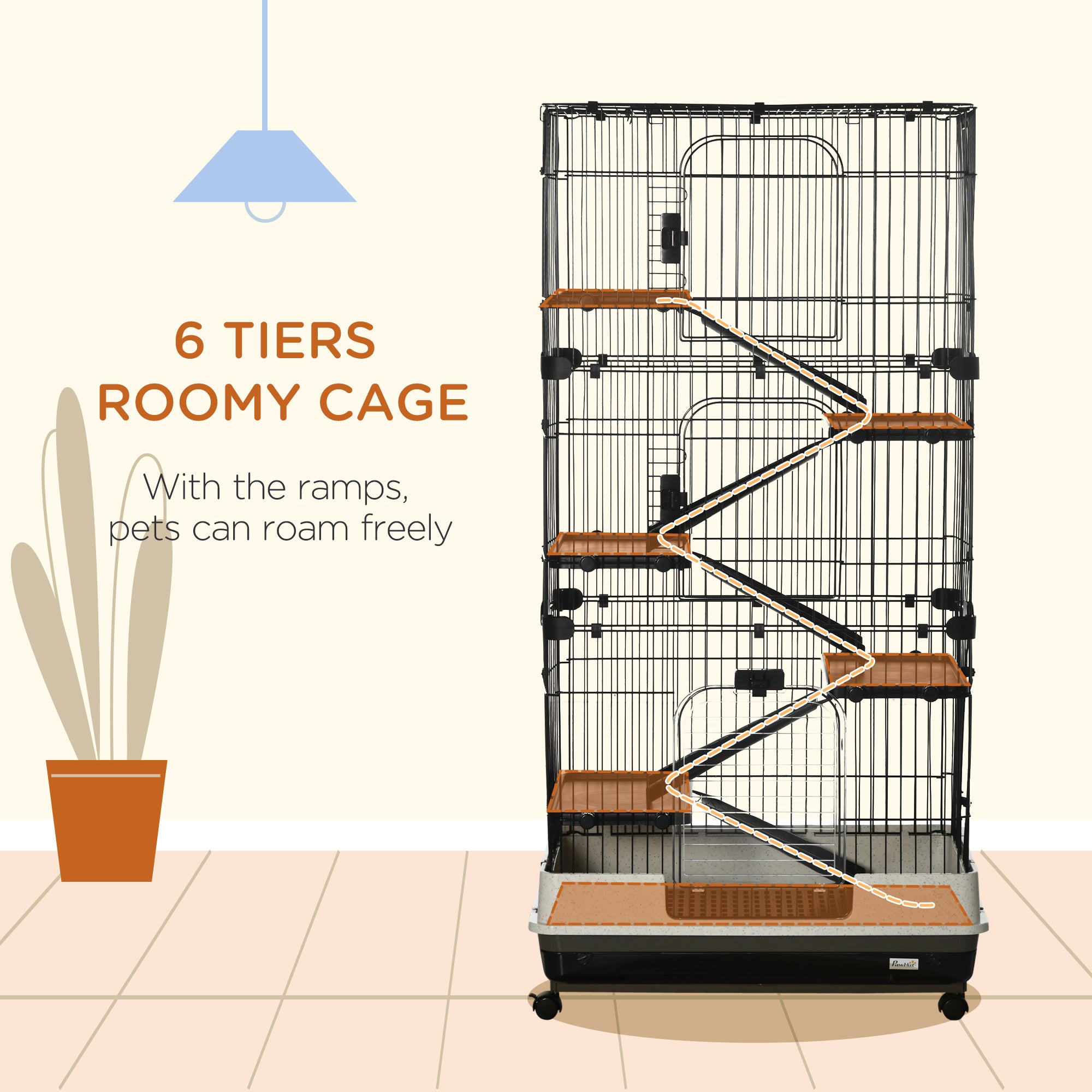 32"L 6-Level Small Animal Cage Rabbit Hutch with Universal Lockable Wheels, Slide-out Tray for Bunny, Chinchillas, Ferret, Black