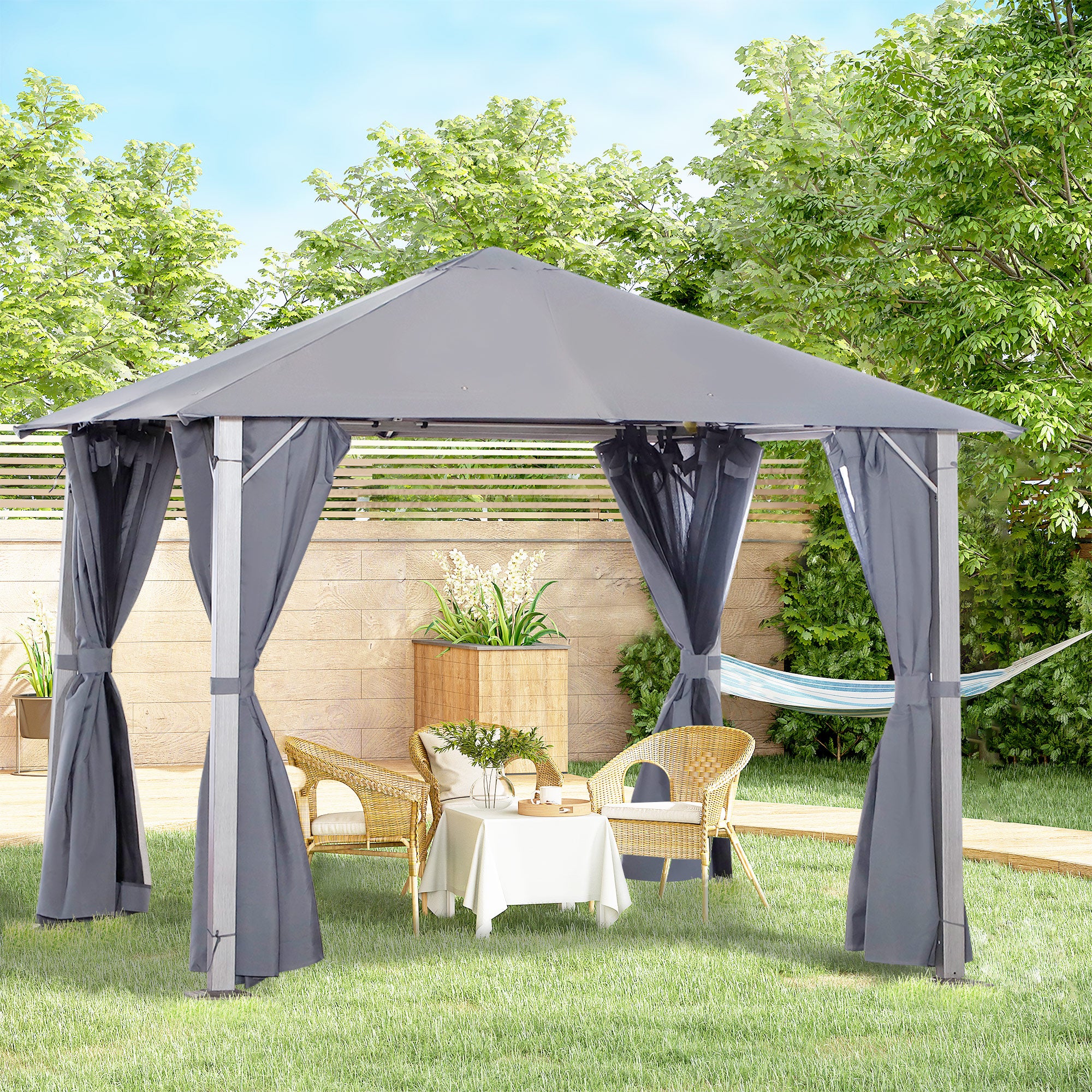 10' x 10' Patio Gazebo, Outdoor Gazebo Canopy Shelter with Netting & Curtains, Vented Roof, for Garden, Lawn, Backyard and Deck, Dark Gray