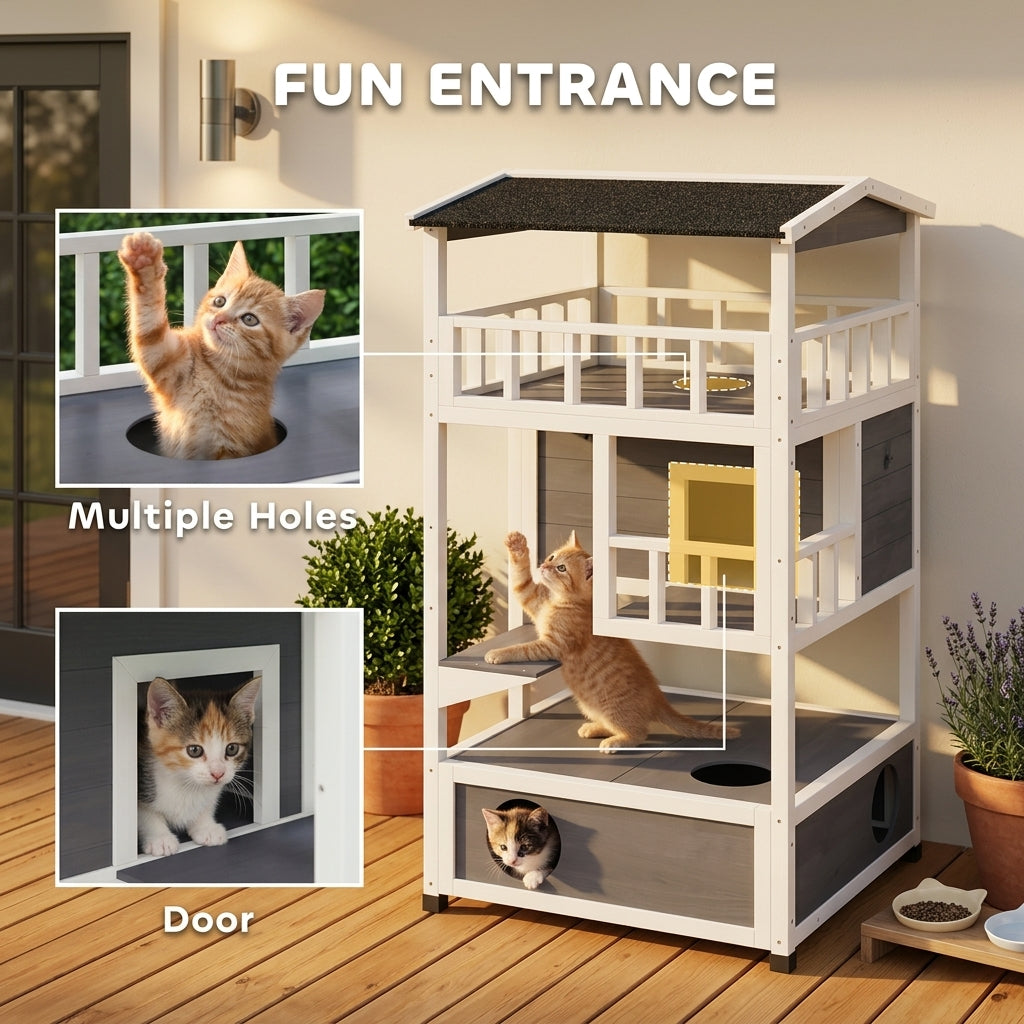 Wooden Outdoor Cat House, Feral Cat Shelter Kitten Condo with Asphalt Roof, Escape Doors, Condo, Jumping Platform, Gray
