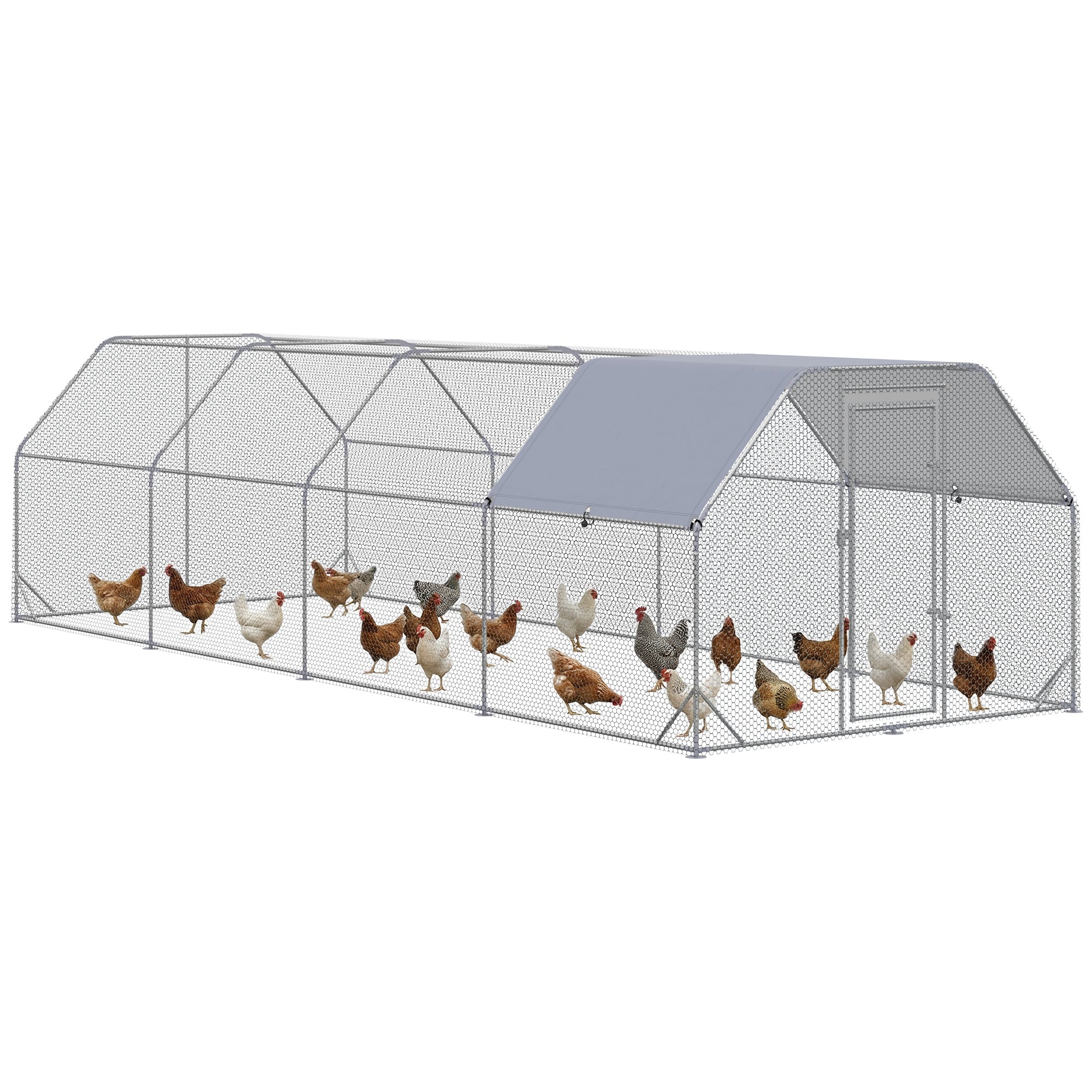 Large Chicken Coop Metal Chicken Run with Waterproof and Anti-UV Cover, Flat Shaped Walk in Fence Cage Hen House for Outdoor and Yard Farm Use, 1" Tube Diameter, 9.2' x 24.9' x 6.4'