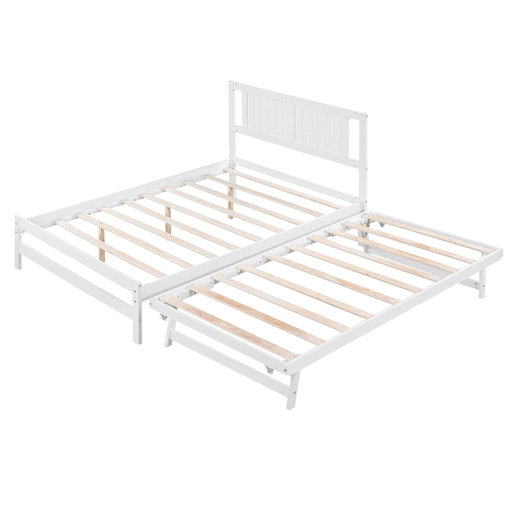 Full Size Platform Bed with Adjustable Trundle, Solid Pine Wood and MDF, 78" L x 97.5" W x 39.5" H, White