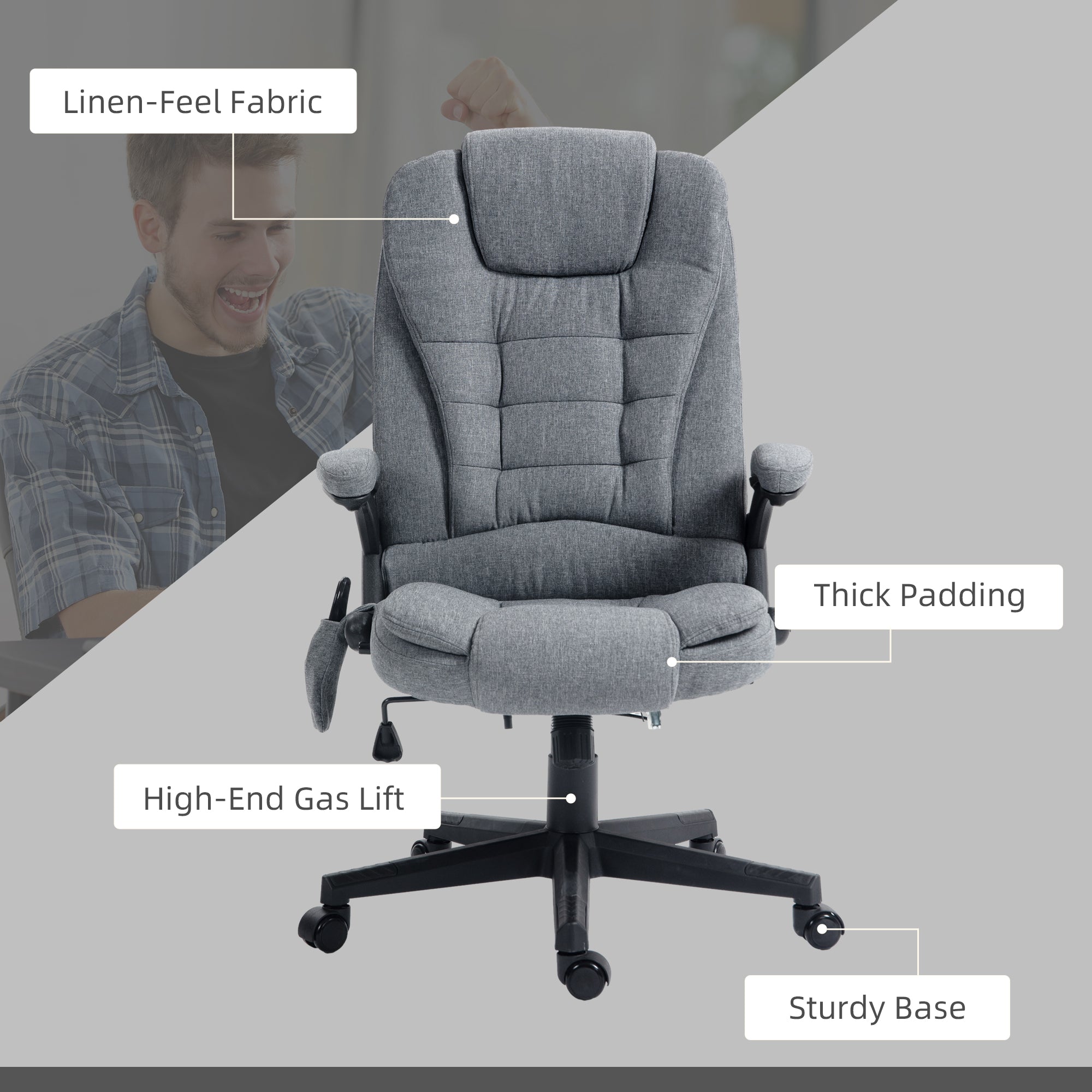 6 Point Vibrating Massage Office Chair with Heat, Linen High Back Massage Desk Chair with Reclining Backrest, Gray