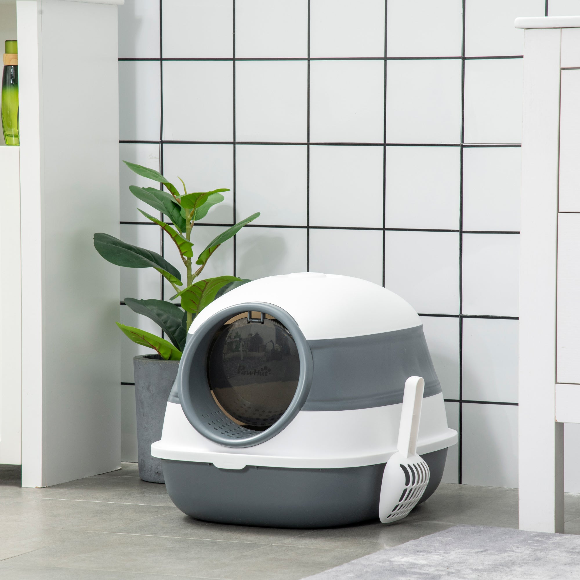 Dome Covered Cat Litter Box with Lid, White and Gray