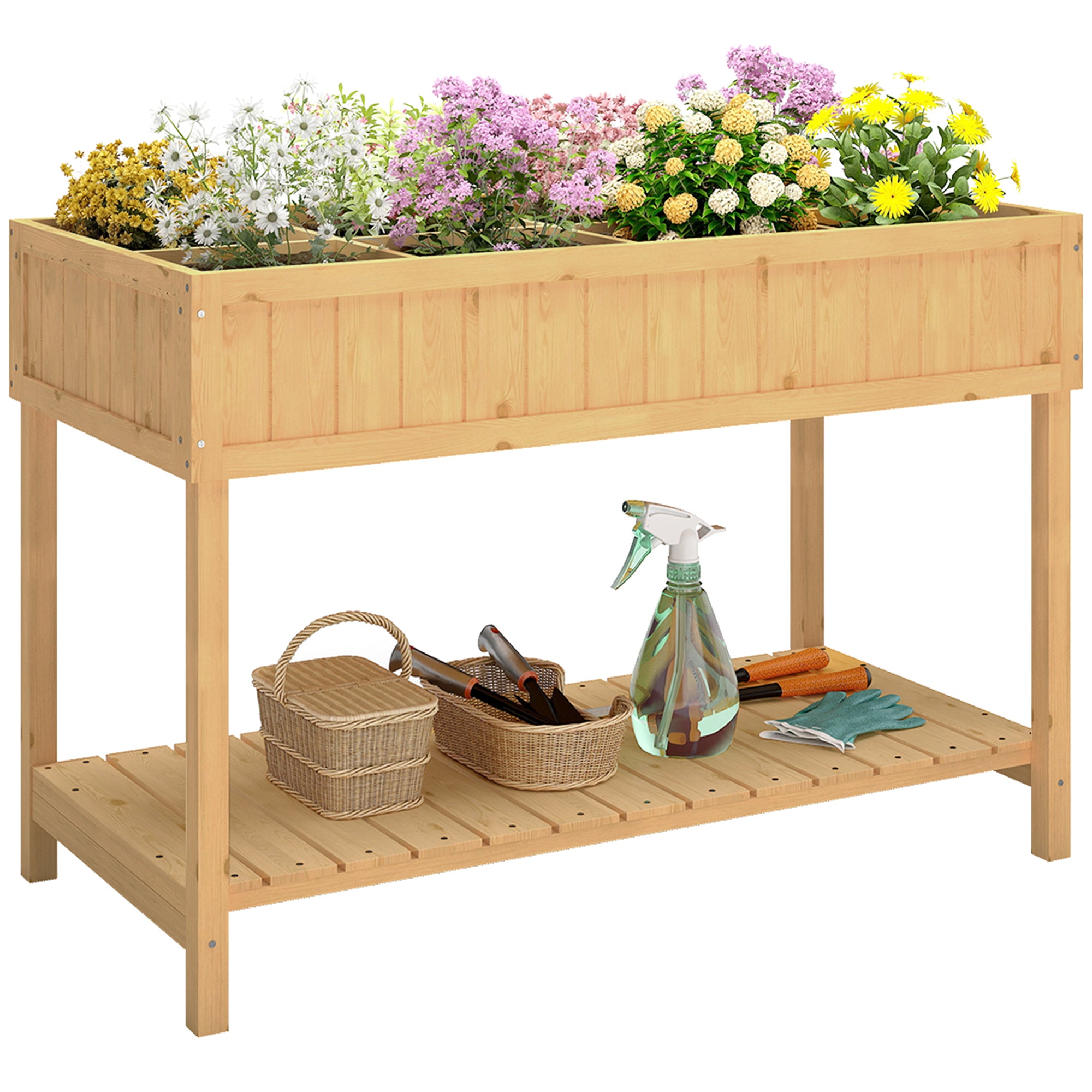 43x18x30in Raised Garden Bed with 8 Pockets and Shelf, Wooden Elevated Planter Box with Legs to Grow Herbs, Vegetables, and Flowers, Natural