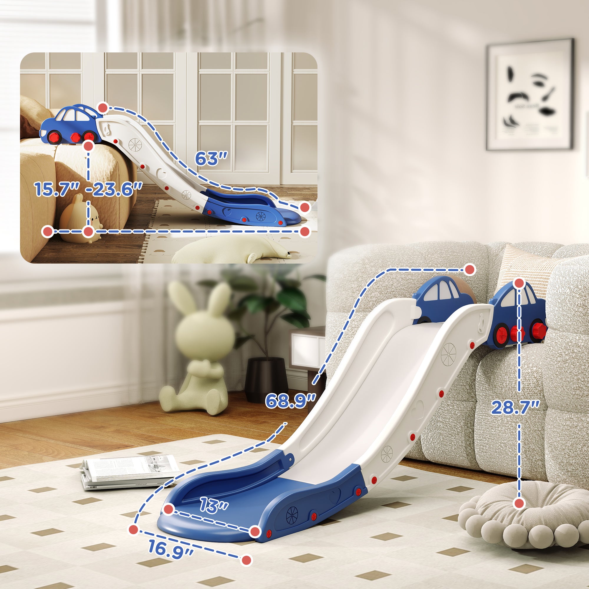 Extra Length Toddler Slide for Bed, Sofa, Easy to Assemble, Blue