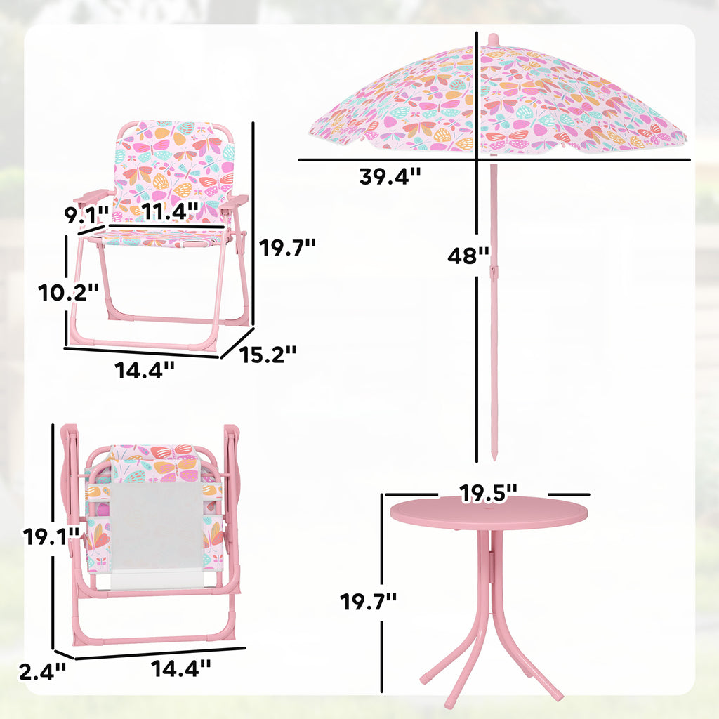 Kids Picnic Table and Chair Set, Outdoor Table with Foldable Chairs, Removable Umbrella, Pink