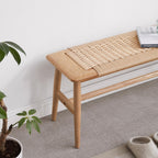 Solid Dining Bench with Handwoven Cane Seat, Breathable Wood Bench for Dining Room or Bedroom, 31.5″ L x 12″ W x 16″ H, Oak