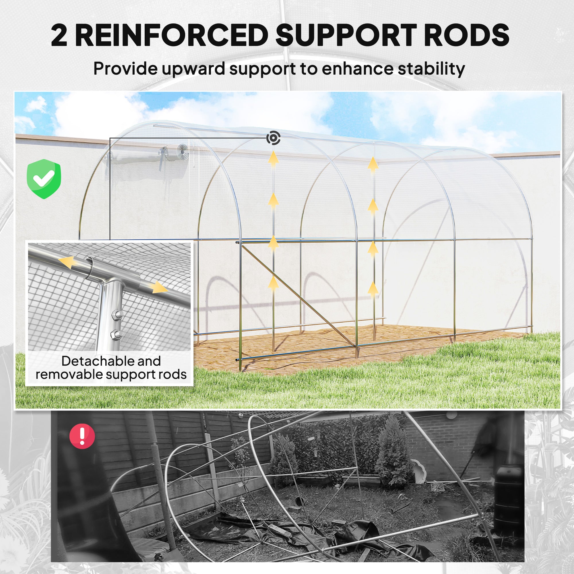 Hoop House Greenhouse, Walk-in Tunnel Greenhouse with 2 Support Rods, Zippered Roll-up Mesh Door, 14.6'x6.5'x6.6', White