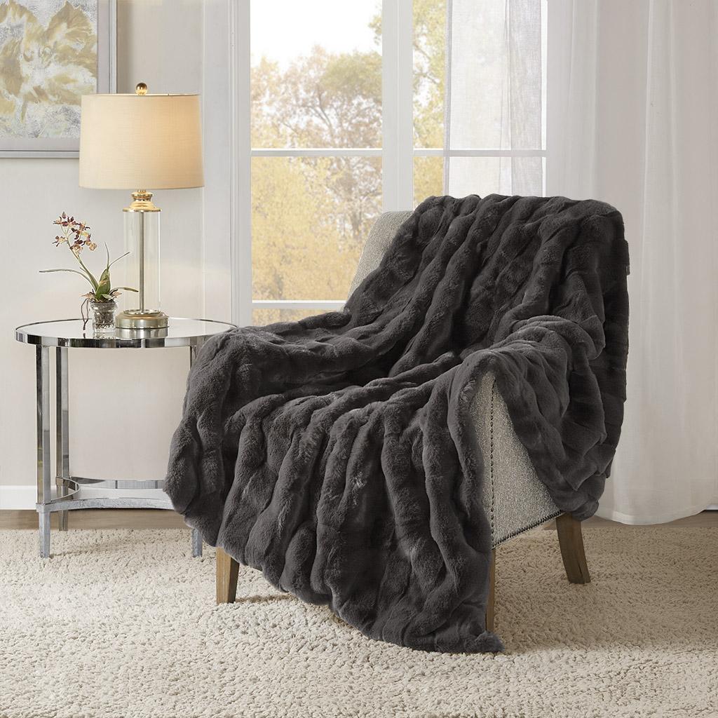 Luxurious Faux Fur Throw Blanket with Crystal Velvet Reverse, Basketweave Texture, Perfect for Any Decor, 60" L x 50" W x 0.25" H, Gray