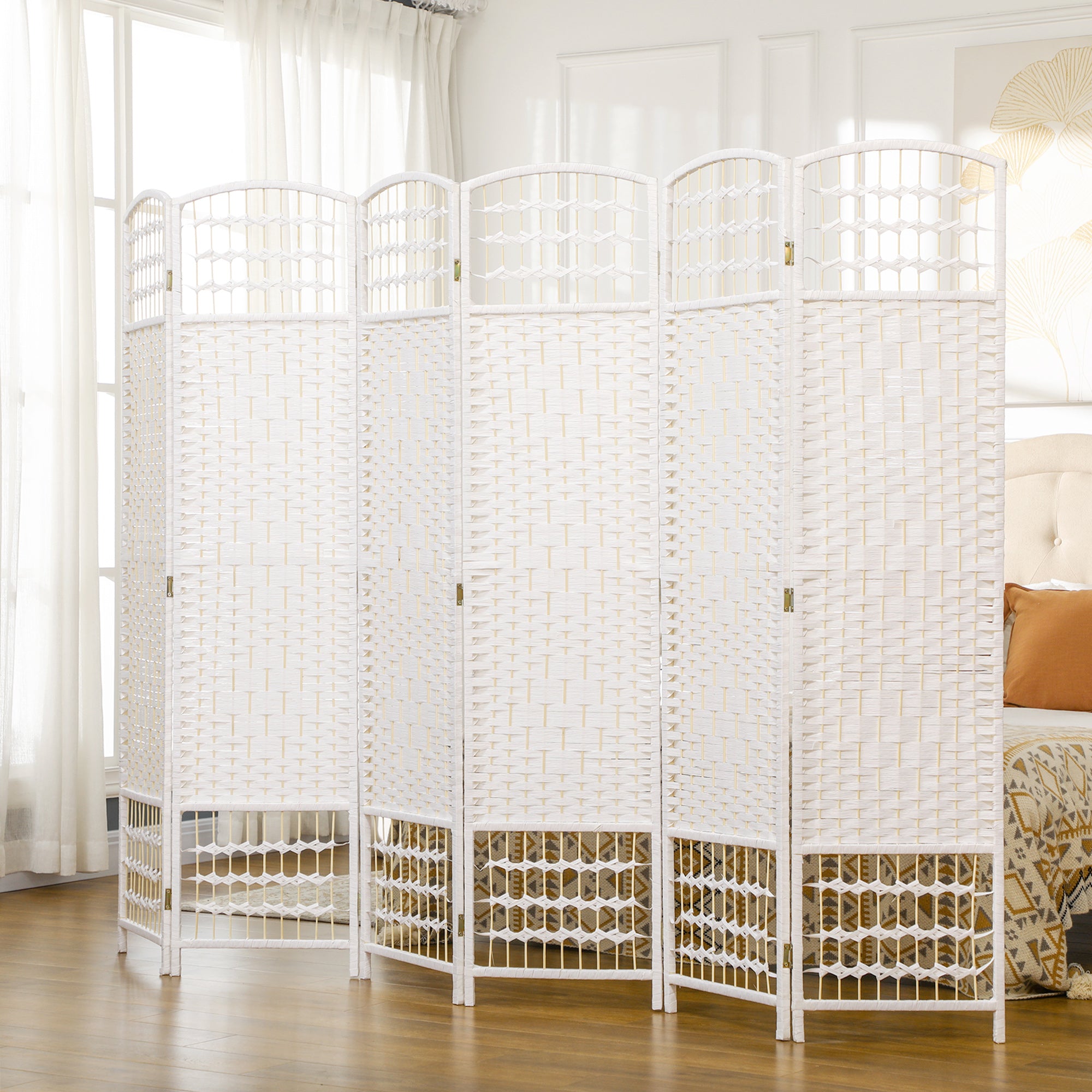 6 Panel Folding Room Divider Portable Privacy Screen Wave Fiber Room Partition for Home Office White