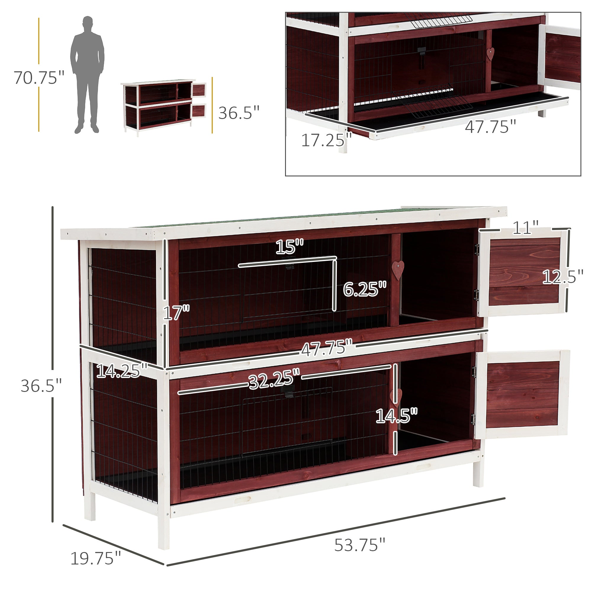 54" 2-Story Weatherproof Stackable Elevated Wooden Rabbit Hutch with Enclosed Run and Pull-Out Trays