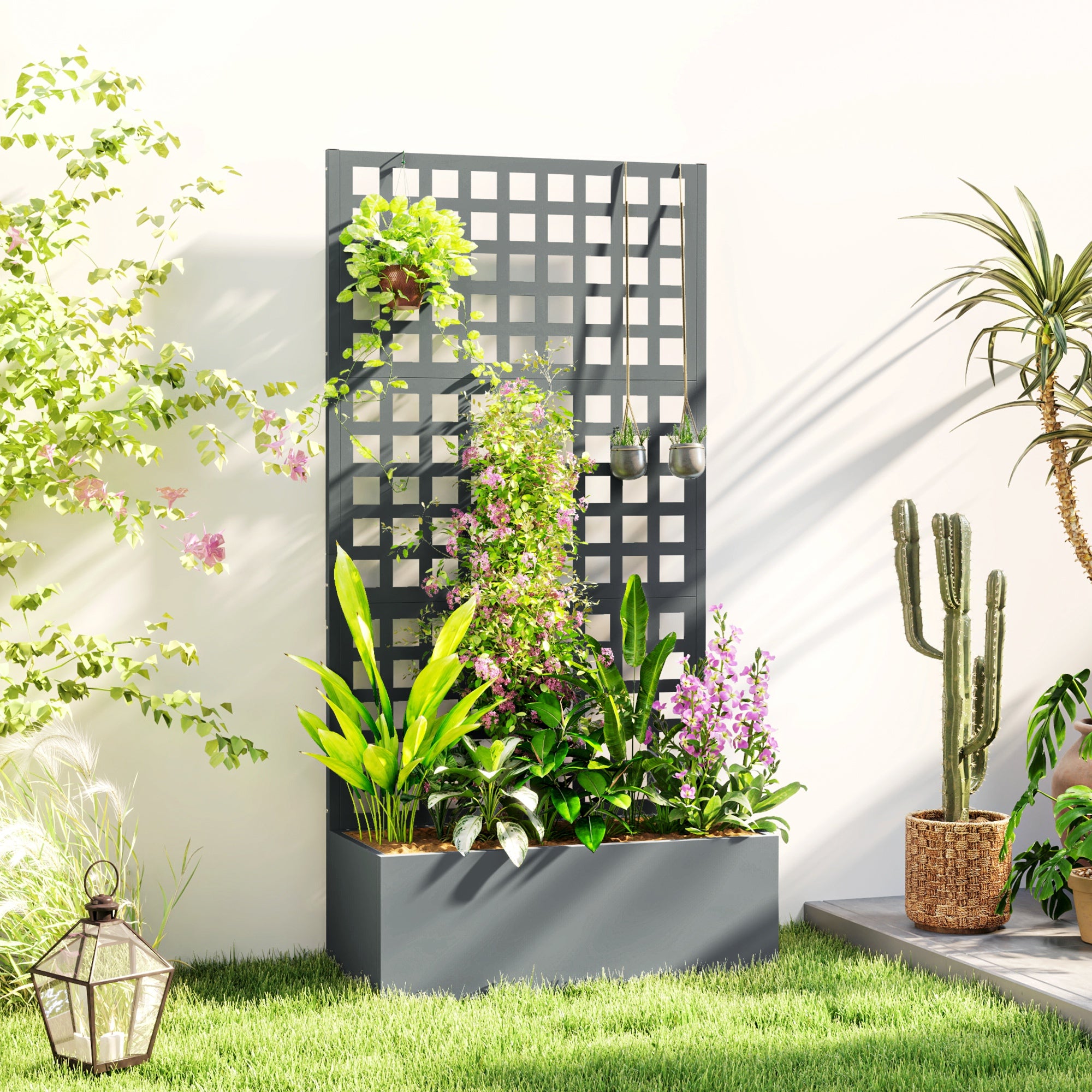 Galvanized Raised Garden Bed Planter Box with Trellis for Climbing Plants, Vegetable, Vines, 35" x 16" x 70", Gray