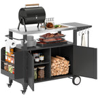 Outdoor Grill Cart Table with Stainless Steel Top, Movable Pizza Oven Table with Foldable Side Table, Wheels