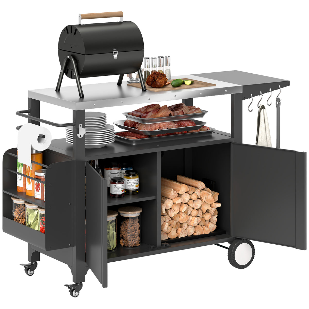 Outdoor Grill Cart Table with Stainless Steel Top, Movable Pizza Oven Table with Foldable Side Table, Wheels