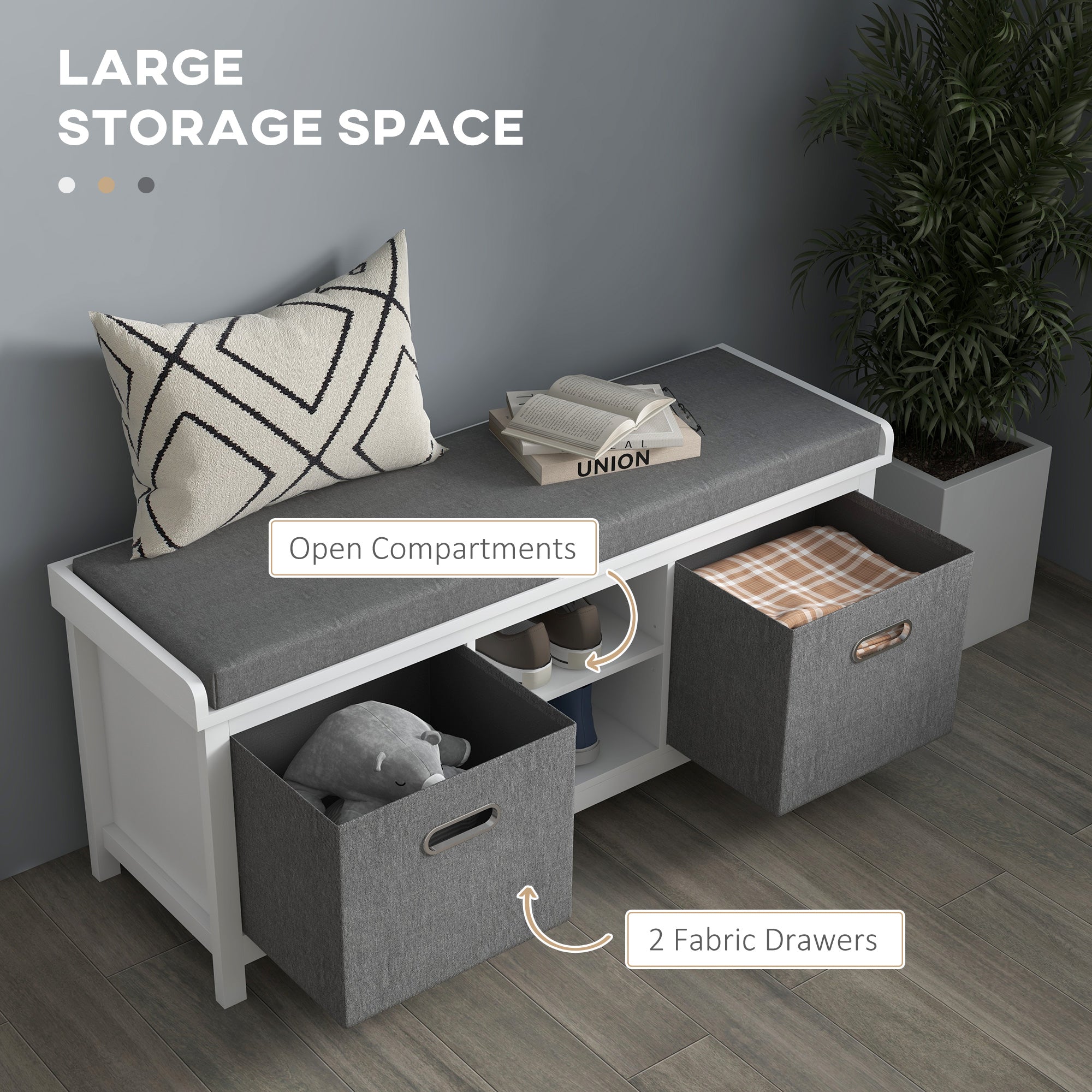 Shoe Storage Bench with Cushioned Seat, Entryway Bench Seat with 2 Drawers and Adjustable Shelf for Hallway, White