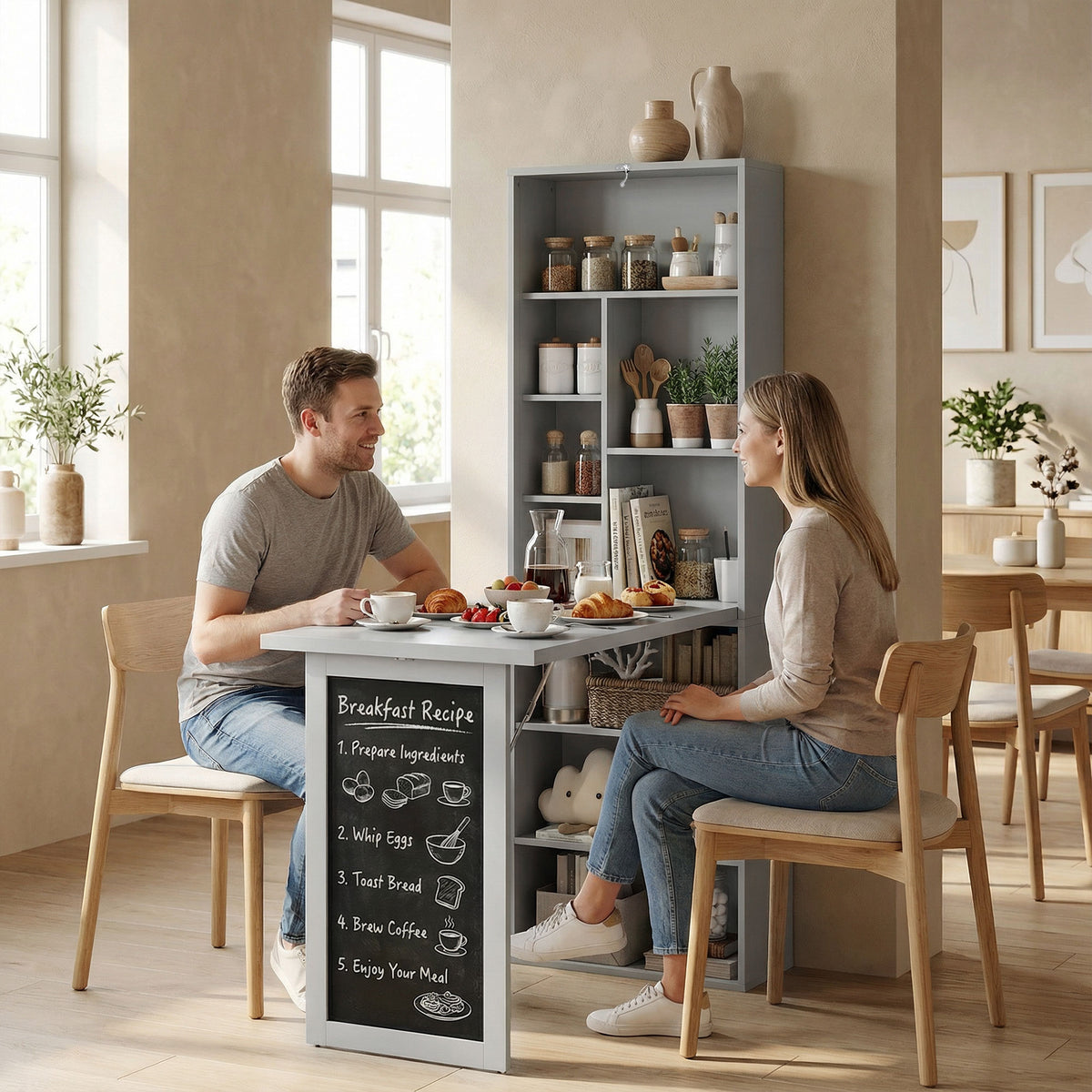 Fold-out Convertible Office Desk, Wall Mount Computer Desk with Blackboard and Side Shelf, Charcoal Gray