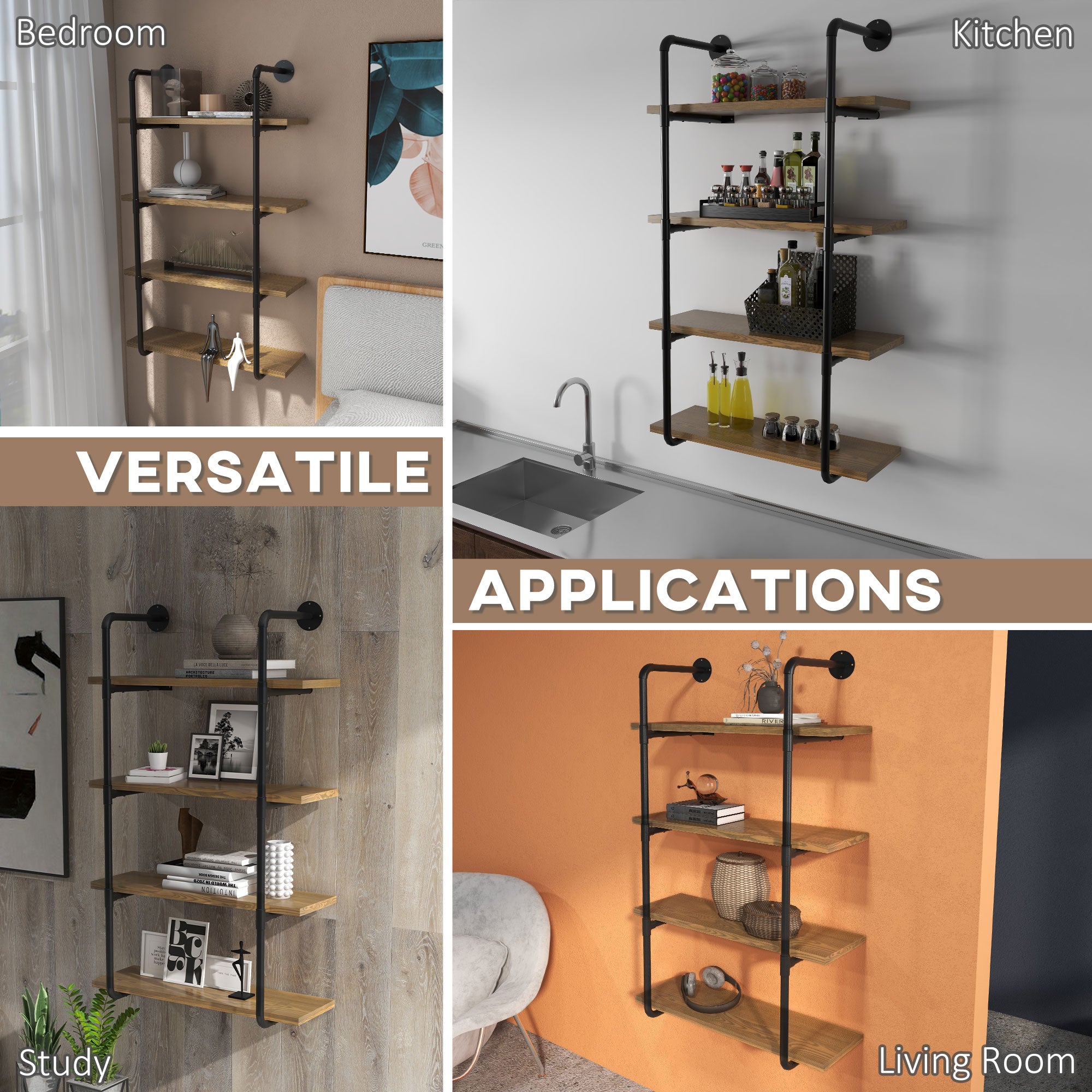 4-Tier Industrial Pipe Shelves Floating Wall Mounted Bookshelf, Metal Frame Display Rack, Rustic Brown