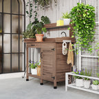 Potting Bench Table with Removable Sink, Outdoor Work Bench Table with Storage Cabinet, Hooks, Faucet and Drawer for Greenhouse, Garden, Patio, Dark Brown
