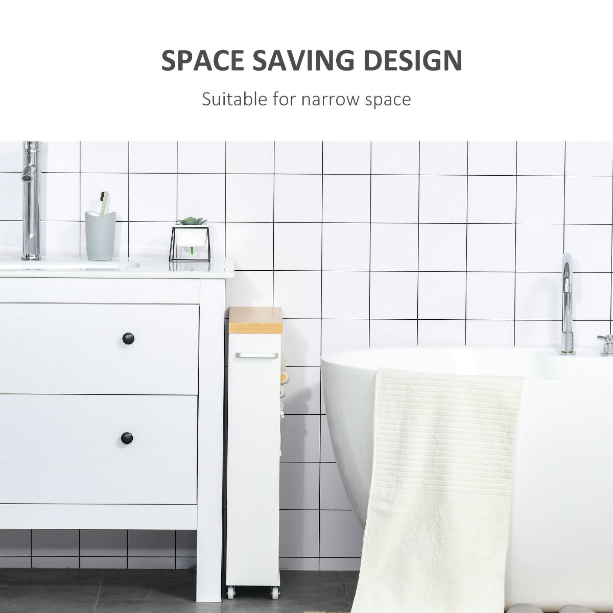 Slim Bathroom Cabinet with Castor Wheels Storage Organizer and Wood Shelves To Fit In Small Spaces, White