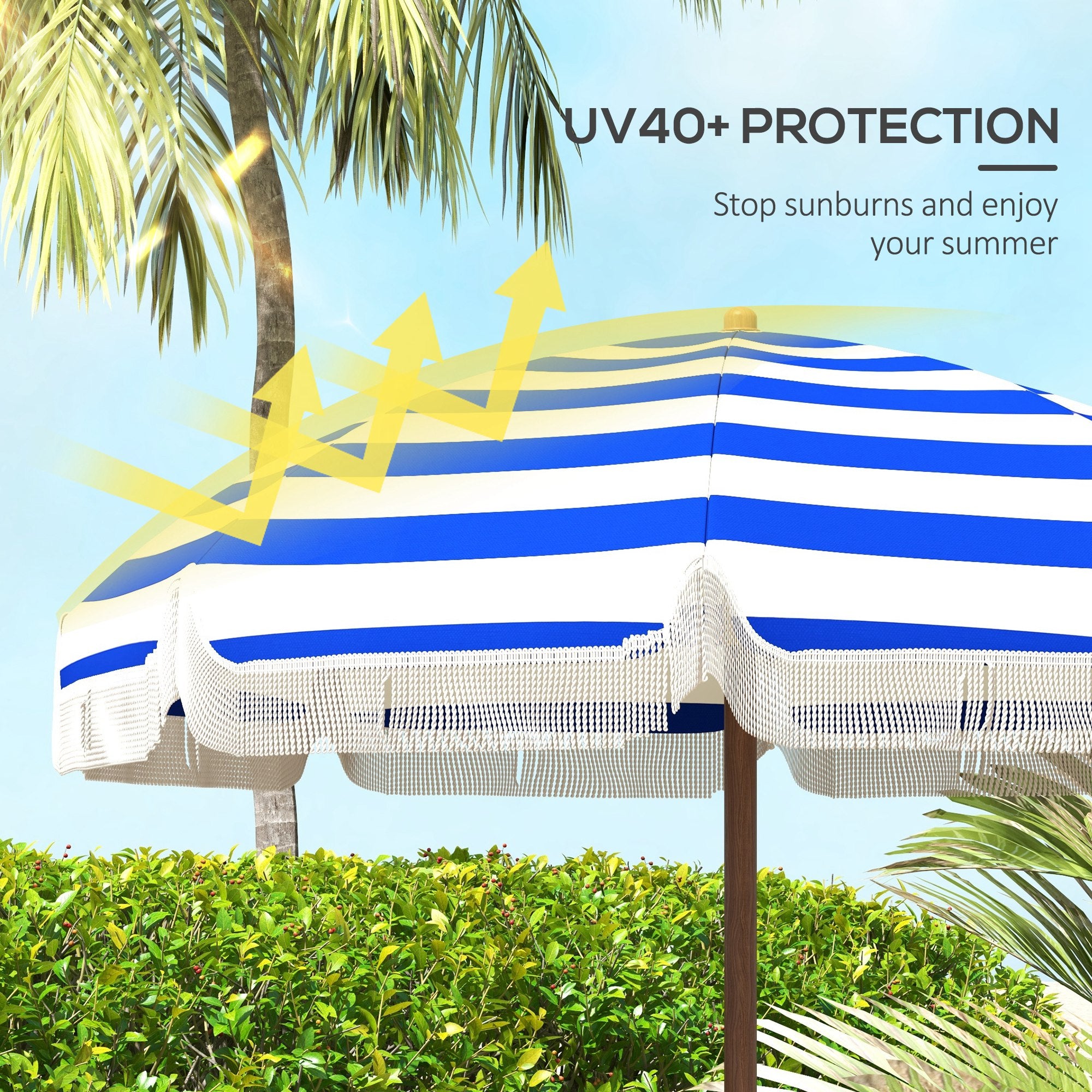 6.2' Beach Umbrella for Travel, Vent, Ruffles, Carry Bag, Portable Outdoor Umbrella for Garden, Blue Stripe