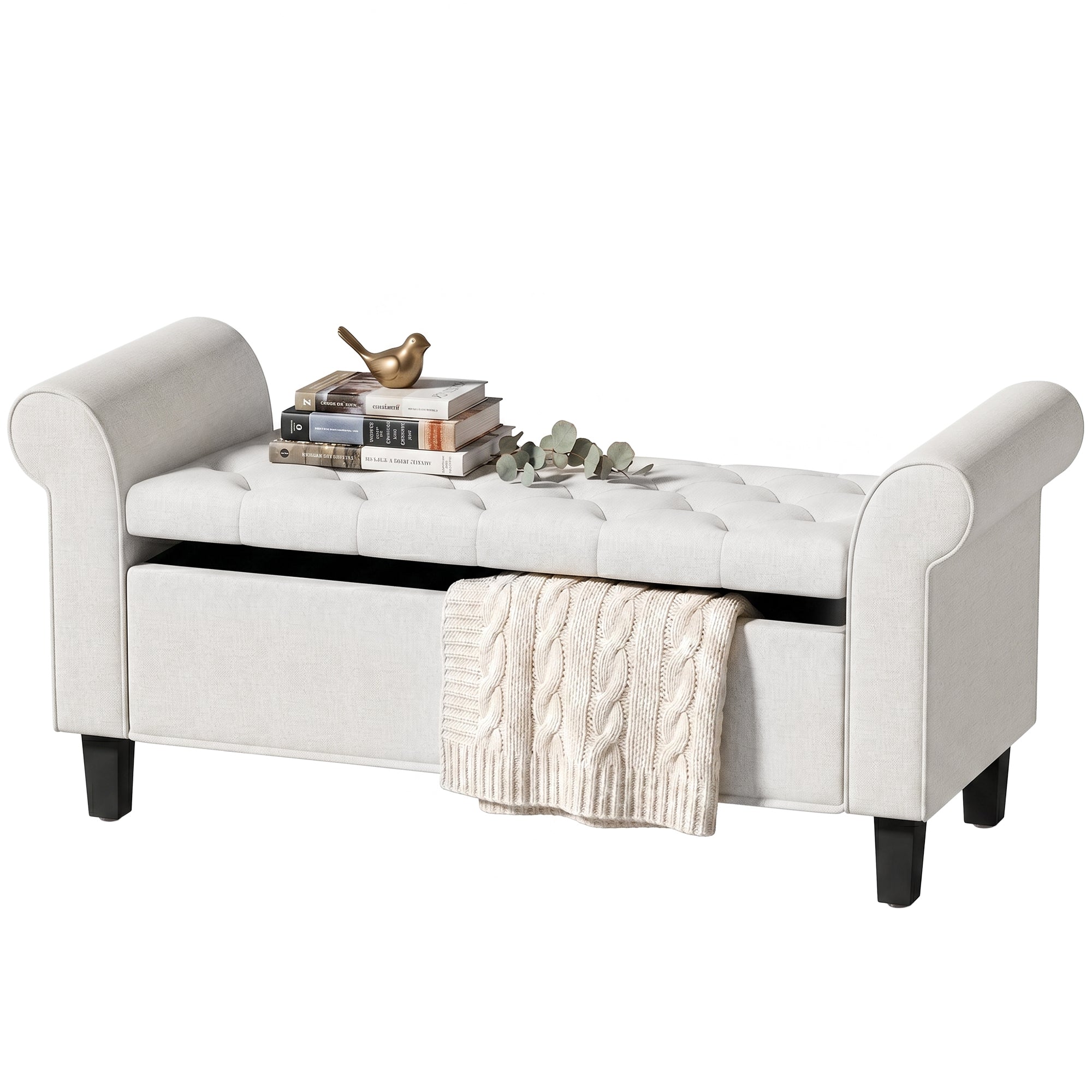 47" Storage Ottoman Bench, Tufted End of Bed Bench with Rolled Arms, Safety Hinge, Wood Legs for Bedroom, Cream White