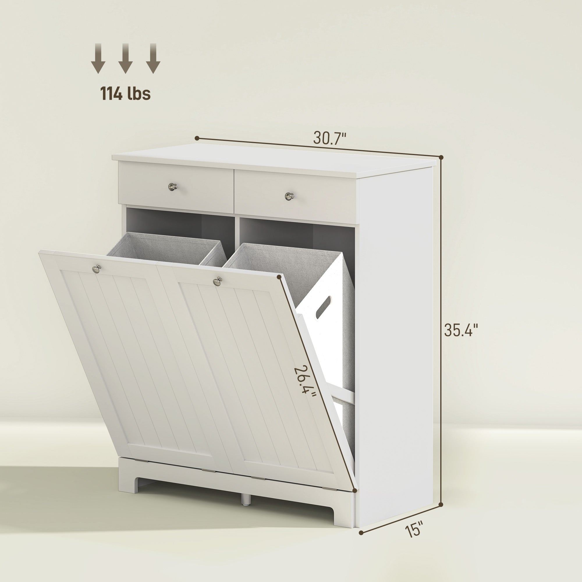 Laundry Hamper Cabinet, Laundry Cabinet with 2 Tilt Out Laundry Baskets and 2 Drawers, White