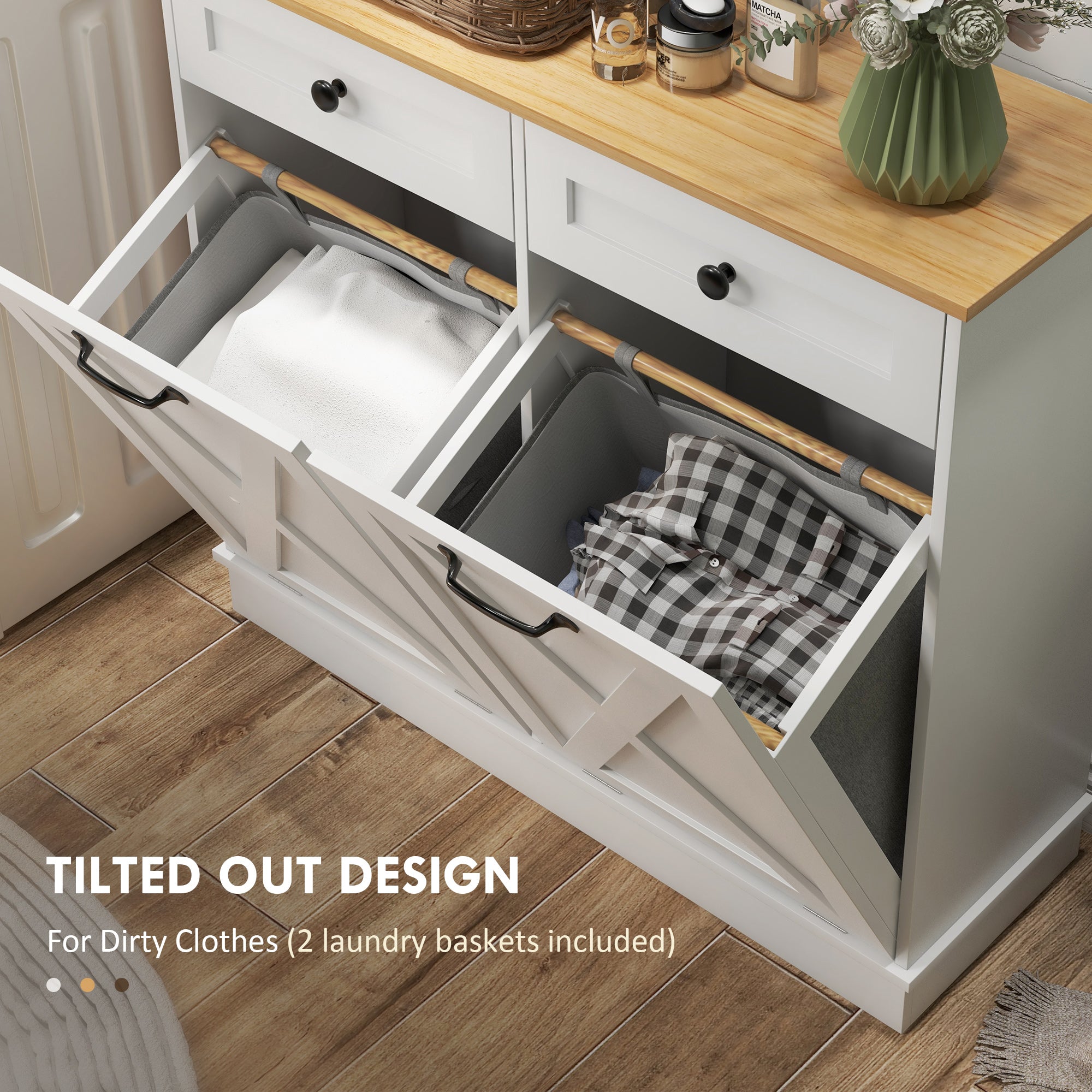 Tilt Out Laundry Hamper Cabinet, Bathroom Storage Cabinet with 2 Removable Baskets and 2 Drawers, White