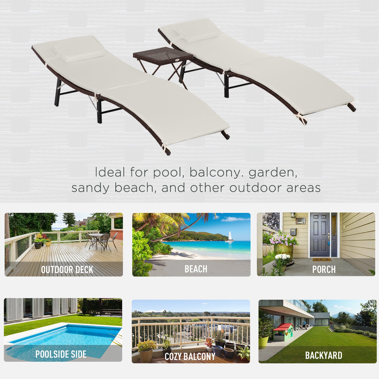 Patio Chaise Set, Set Of 2 Folding Pool Lounge Chairs with Side Table, Outdoor PE Rattan Wicker, Cushion, Pillow for Beach, Beige