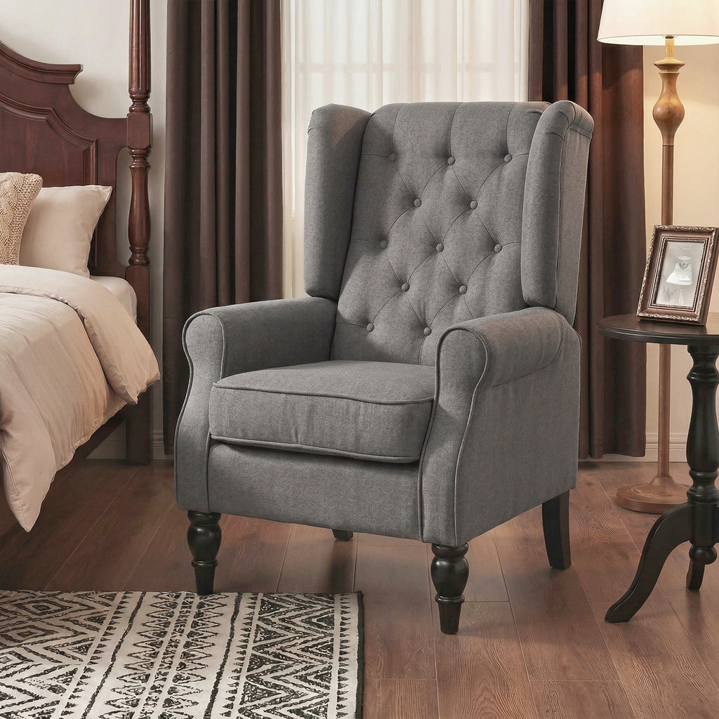 Wingback Accent Chair for Living Room, Button-Tufted Lounge Chair with Round Armrests and Wood Legs, Dark Gray