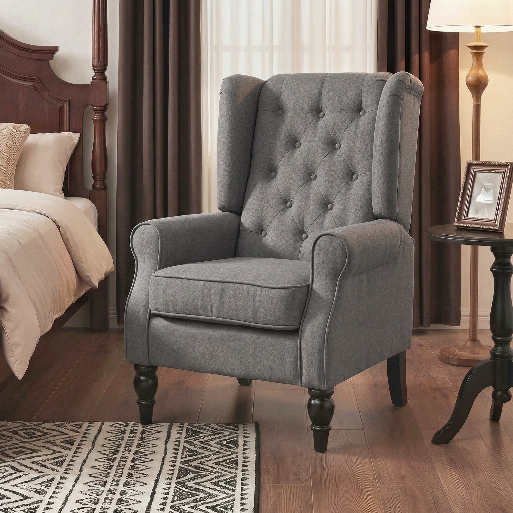 Wingback Accent Chair for Living Room, Button-Tufted Lounge Chair with Round Armrests and Wood Legs, Dark Gray